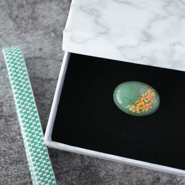 市松柄 三分紐セット　天然石グリーンアベンチュリンと金木犀、金箔の帯留め 秋冬 七五三 成人式