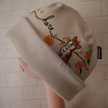 コットン素材スパンフライスニット生地で作ったニット帽（柴ちゃんと金木犀）