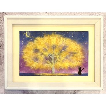 ふわふわ黄色の木と黒猫｜キラキラ光るアート｜和紙ちぎり絵 原画