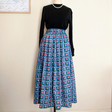 ブロックプリント 　サイドボタン 　スリット　ギャザースカート 　*ブルー* 　フリーサイズ