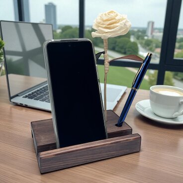 かんな屑の花が咲くスマホスタンド〈木製ペン立て付き〉／k.moku