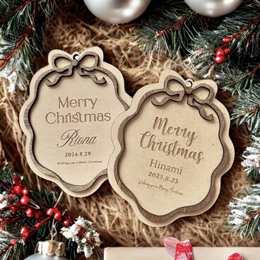 木製 〖 名入れ 〗リボン エレガント オーナメント | クリスマス 出産祝い |  贈り物 オーダーメイド　|  女の子