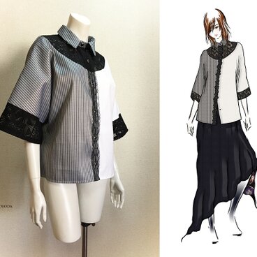 【1点もの・デザイン画付き】3種素材（ヘリンボーン＆弱起毛＆レース）ゆったりブラウス（KOJI TOYODA）