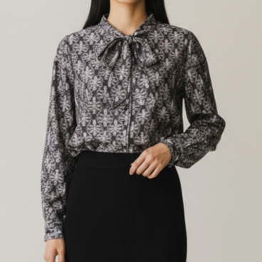 ボウタイ　ブラウス【送料込み】着物リメイク　ブラウン