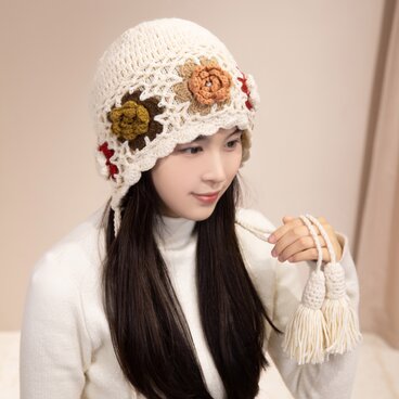 【受注生産】【Lady's】ほっこりあたたかなフリンジ付き帽子（二重編み）　
