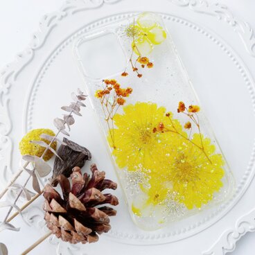 紫陽花、かすみ草 押し花スマホケース、全機種対応、iFace風、手帳型、iPhone17、16、15、iPhone17Pro