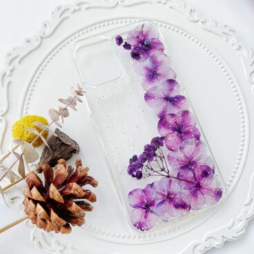 紫陽花（あじさい）かすみ草押し花スマホケース、全機種対応、iFace風、手帳型、iPhone全機種対応、Android全機種対応
