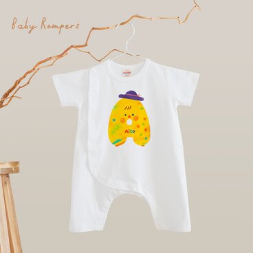 名入れ  イニシャル　カバーオール  ロンパース  半袖 出産祝い ベビー服  新生児 （イニシャルモンスターA）