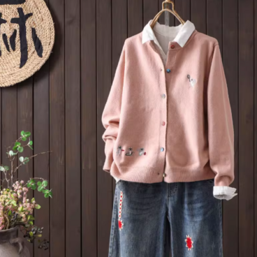 【受注】綿.刺繍入り キュートなカートゥーン クルーネットカーディガン