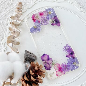 紫陽花（あじさい）押し花スマホケース、全機種対応、iFace風、手帳型、iPhone全機種対応、Android全機種対応