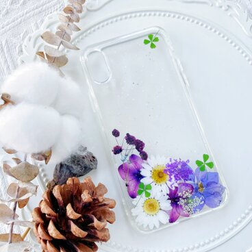 紫陽花（あじさい）かすみ草押し花スマホケース、全機種対応、iFace風、手帳型、iPhone全機種対応、Android全機種対応