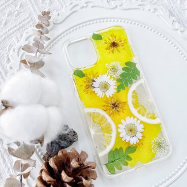 レモン（檸檬）、菊押し花スマホケース、全機種対応、iFace風、手帳型、iPhone全機種対応、Android全機種対応