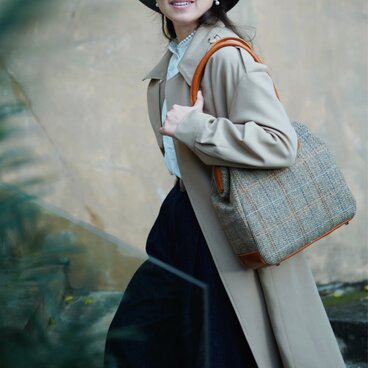 「ウール×革の組み合わせ」がま口バッグ｜秋冬 2WAYトート｜手提げ・肩掛け対応