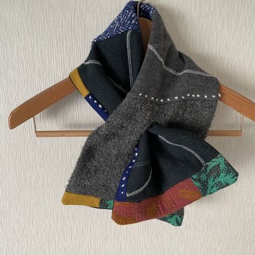 刺し子ステッチカンタパッチワークスヌード黒グレー系