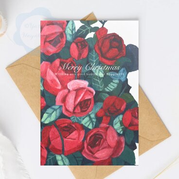 （63）真っ赤なバラの花のクリスマスカード　3枚セット