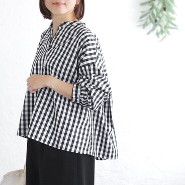 さらりと纏う ギザコットン バンドカラーブラウス （ギンガムチェック/ブラック）TP11