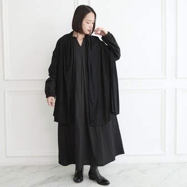 【着丈調整可能】体型カバー 身幅ゆったり コットン キーネック 長袖 ワンピース　ブラック　0762BK
