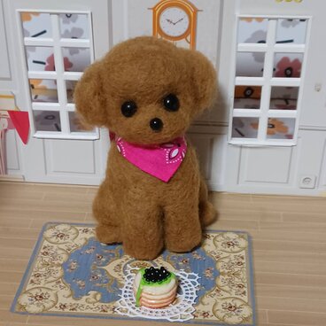 ピンクのバンダナの似合う可愛いトイプードル　羊毛フェルト