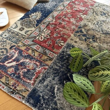 70×104パッチワーク　ブルー×レッド　ボタニカル　トルコヴィンテージラグ