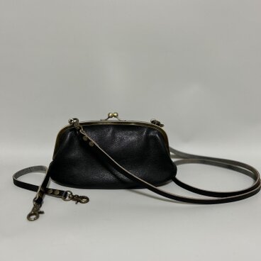 姫路レザー携帯も入る親子がま口◆黒　2wayタイプ　スマホショルダー　ポシェット　送料無料