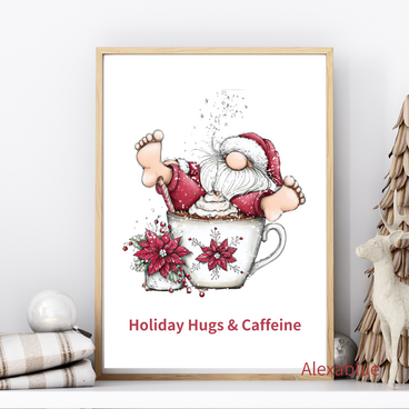 Holiday Hugs & Caffeine｜スリーピーサンタのコーヒーブレイク インテリアポスター 〜ホリデーインテリア