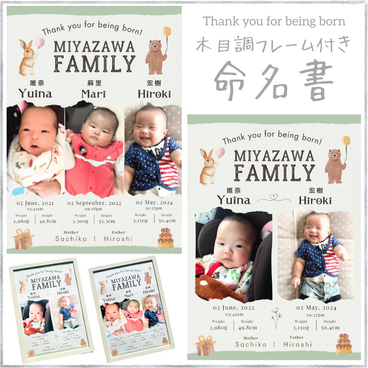 【フレーム付き】写真入り命名書 (兄弟用) メモリアルベビーポスター / アニマル 出産祝い くま ケーキ うさぎ
