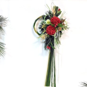 迎春水引飾り（金緑) ピンポンマム(赤) Ｍサイズ ns85 アーティフィシャルフラワー