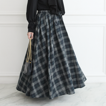 【✨再販】コットンリネンチェック ロングフレアスカート　グリーン　0447GR
