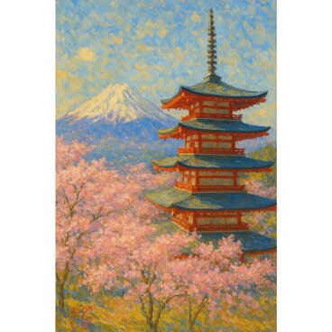 忠霊塔と桜と富士山　AIアートUVカット簡易フレーム付き　富士吉田発送　がんどうあつし製作