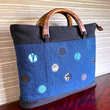 古布　丸窓嵌め込ファスナー手提げ