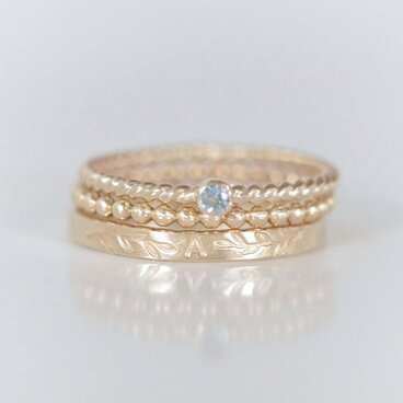 3点セット《選べる誕生石&イニシャル,ナンバー(5文字まで)&ボール》リング 14kgf ピンキーリング対応 アクアマリン