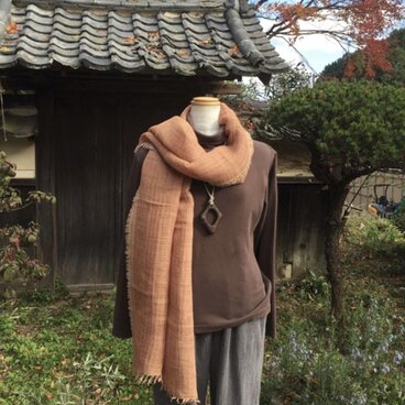 柿渋染め綿ウール二重織ストールK25042