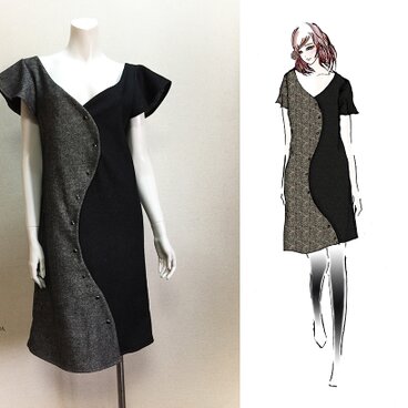 【1点もの・デザイン画付き】ツイル（ウール＆ポリ）生地アシメトリー湾曲ワンピース（KOJI TOYODA）