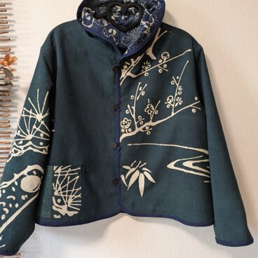 古布リメイク リバーシブルミニフードジャケット　筒描き　久留米絣　型染　古布　着物リメイク