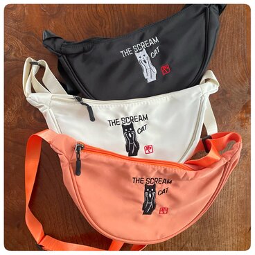 【白】ムンク叫び猫のミニショルダーバッグ サブバッグ ボディバッグ