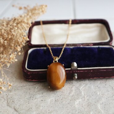 アフリカ産！イエロータイガーアイのオーバルネックレス　金アレ対応　キャラメルカラー