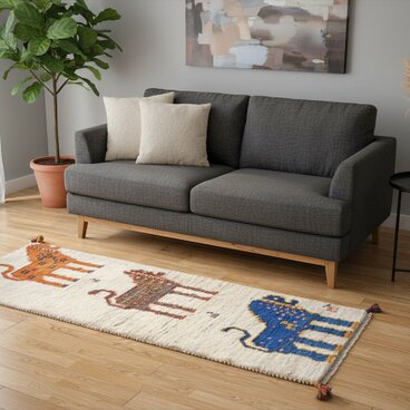 ペルシャ　ギャッベ ランナー中　ラグ　135x53cm　3匹のライオン　RJ12937