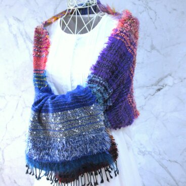 手織り・ウールコットン・ロングストール・星降る夜