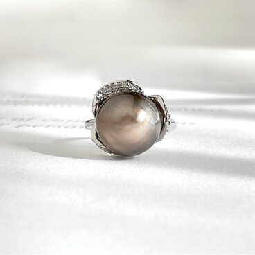 淡水パール 大粒 バロック チャコールブラウン フラワーリング 調色パール　1点のみ