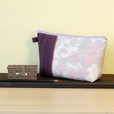 P-003 大島紬切り替えポーチ/紫紬×橙ライン白大島