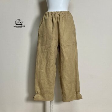 【厚手リネン】◆ポップスリットパンツ　ロング◆マスタード◆フリーサイズ（ウィンターリネン、15番手リネン100％）