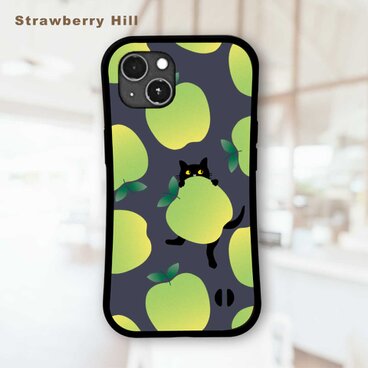 青 リンゴ と 黒猫 イラスト 耐衝撃 グリップケース iPhoneケース