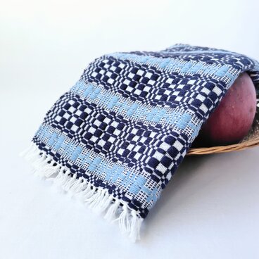 北欧手織り1点物：繊細で柔らかなコットンクロス(ダークネイビー×サックスブルー)