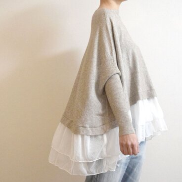 ふんわりドットチュール×ソフトニットのワイドチュニック（サンドベージュ）（受注制作）