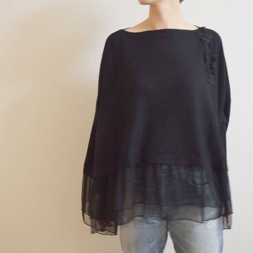 ふんわりドットチュール×ソフトニットのワイドチュニック（ブラック）（受注制作）