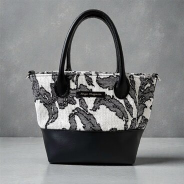 普段使い◎イタリア高級ジャガード生地　レザーハンドバッグ　皮 革 2way  ミニ小ぶり　トート　ブラック黒　お仕事　ジャカード