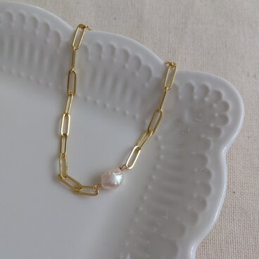 14kgf １粒ぽつぼこ淡水パールの小判チェーンブレスレット