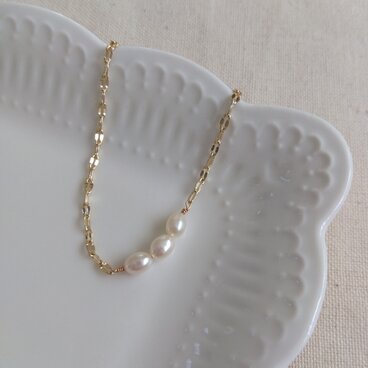 14kgf ３粒淡水ポテトパールのベネチアンチェーンブレスレット