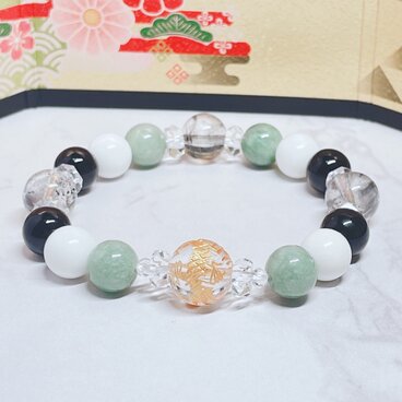 初詣・神社仏閣への参拝に◎｜浄化・守護・邪気払い｜水晶金龍・翡翠・モリオンパワーストーンブレスレット  No.832
