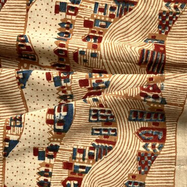 インド ブロックプリント生地 [50cm単位切売] アジュラック 街並み アイボリー地 街 家 建物 SA IF0414